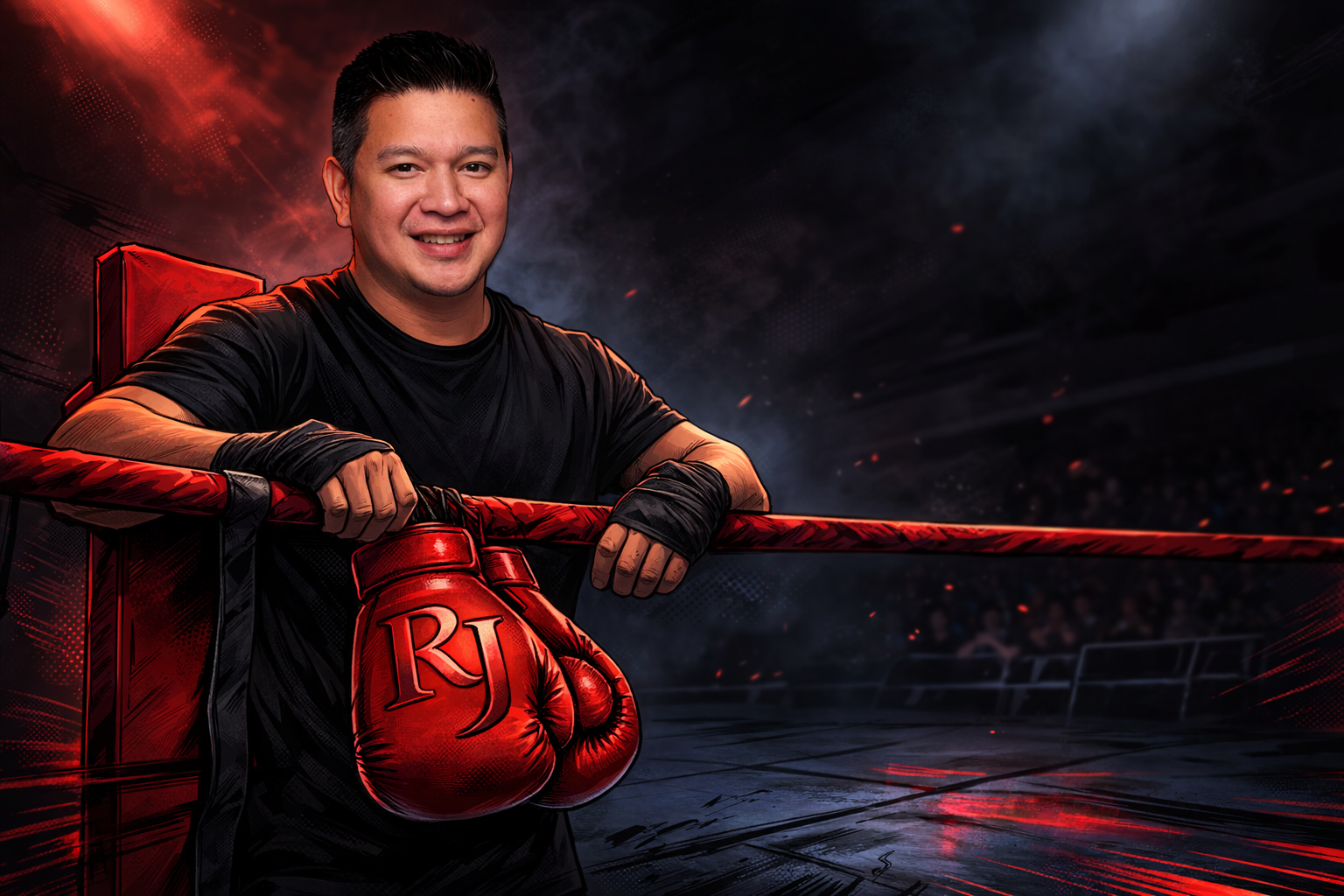 Randy leaning on the ropes in the ring corner